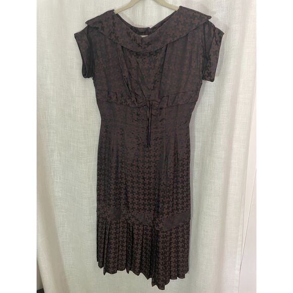Vintage Dresses & Skirts - Vintage Brown and Black Herringbone Dress Fitted with Pleated Hem 50s‎ size S-M